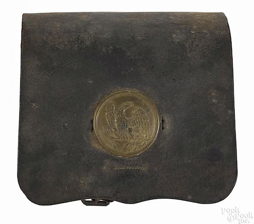 Civil War leather cartridge box, ca. 1863, with a round brass eagle box plate and tin inserts