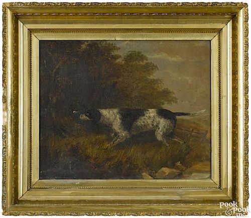 American oil on canvas of a hunting dog, 19th c., 17'' x 21''.