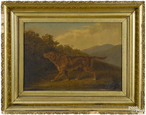 American oil on canvas of a hunting dog, 19th c., 14'' x 20''.