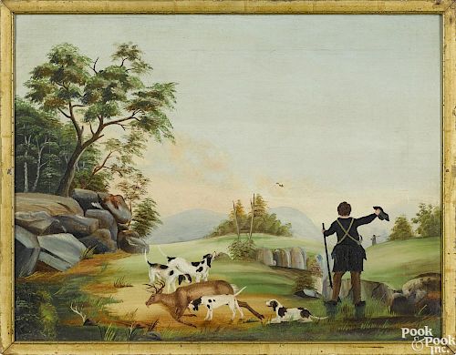 Primitive oil on canvas of a hunter, hounds, and stag, 19th c., 17 1/4'' x 22 1/4''.