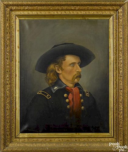 Oil on canvas portrait of George Armstrong Custer, 19th c., signed W. E. Hutchins, 30'' x 24''.