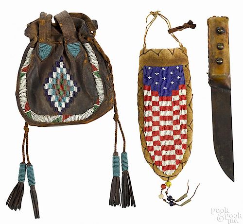 Native American Indian beadwork bag, 19th c., 7'' h.