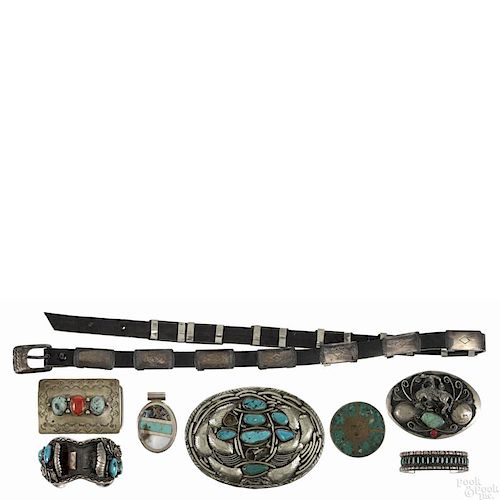 Native American Indian silver and turquoise jewelry, to include three belt buckles