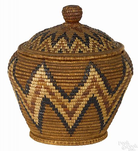Native American Indian covered coiled basket, 19th c., with sawtooth decoration, 8 1/4'' h.