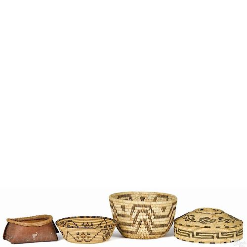 Three Native American Indian coiled baskets, 20th c., with geometric designs, largest - 4 1/2'' h.