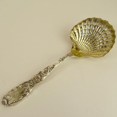 Antique Tiffany & Co Sterling Silver Chrysanthemum Pattern Berry Spoon with Gold Washed Clam Shell Bowl.