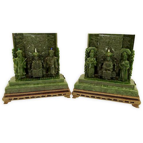 Important Pair of Chinese Heavily Carved Spinach Jade Emperor and Empress Table Screen Thrones Inlaid with Semi Precious Stones Mounted Upon Stepped P