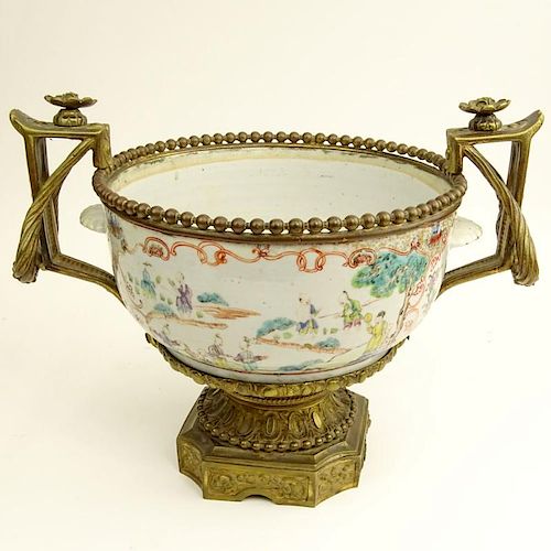 Ormolu Mounted 18th Century or Earlier Chinese Famille Rose Porcelain Handled Bowl.