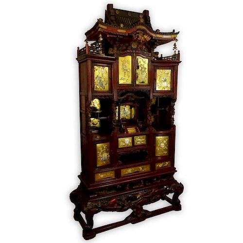 Very Fine Japanese Meiji Period Carved and Painted Hardwood Shibayama Pagoda Style Cabinet.