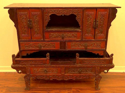 19/20th Century Chinese Carved and Lacquer Wood Shrine Cabinet.