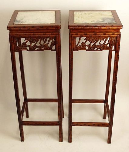 Pair Vintage Chinese Carved Hardwood Pedestal Stands With Marble Inserts. Bamboo Motif.