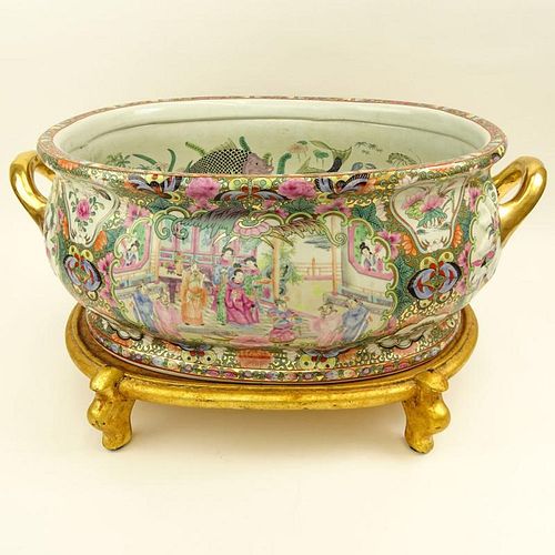 Large Modern Chinese Porcelain Rose Medallion Centerpiece Bowl on Stand.