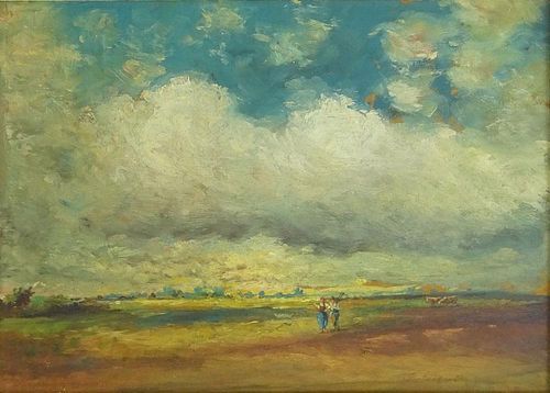 Antique Hungarian School Oil on Panel "Figures In A Landscape"