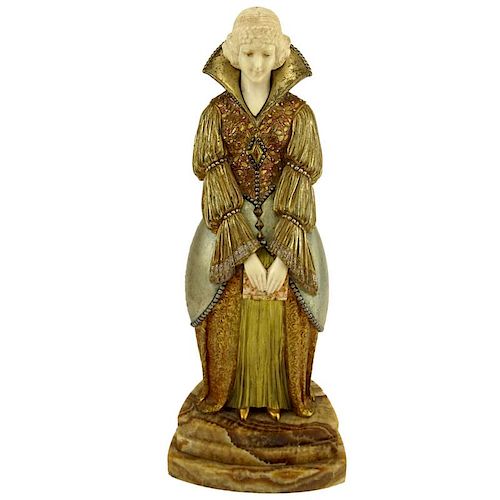 Demetre Chiparus, Romanian (1886-1947) "After Reading", Circa 1925 Gilt and Cold Painted Bronze Sculpture on Stepped Onyx Base.