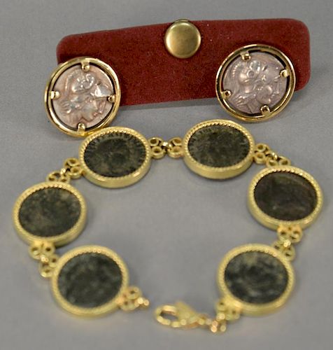 18K gold mounted coin bracelet and earrings.