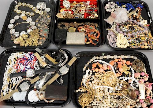 Five tray lots of costume jewelry to include Kenneth Jay Lane, Peugeot watch, Napier, hardstone beads, etc.