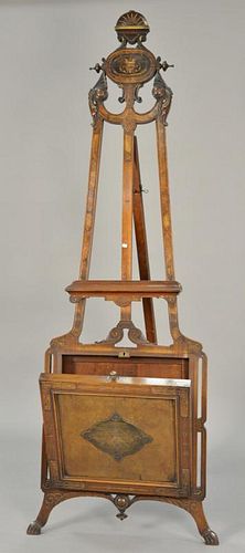 Victorian walnut and burl walnut easel with folio cabinet in base. ht. 87"