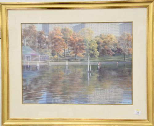 Marion Welch watercolor, Kerb's Boathouse, on Central Park's Conservatory Pond with model boats, signed lower right Marion Welch 98