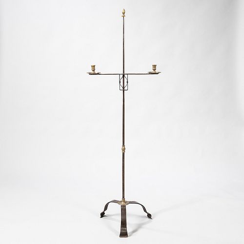 Wrought Iron and Brass Adjustable Two Light Candlestand