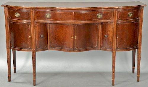 Margolis mahogany Federal style sideboard having shaped top over three drawers over four drawers all with line, dot, and diamond inl...