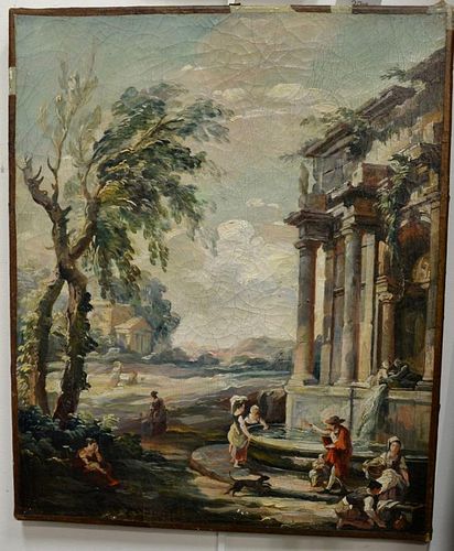 Oil on canvas Continental landscape with figures near a fountain, 17th/18th century