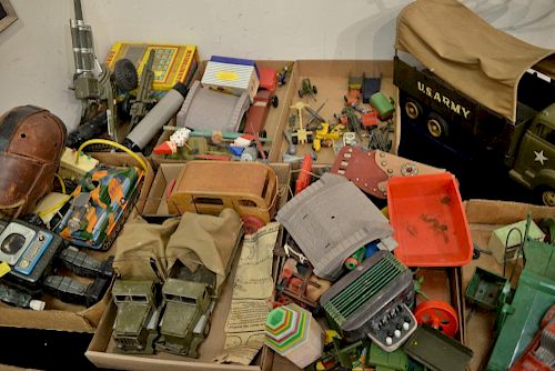 Seven boxes of toys including trucks, tin, and wood army figures and a Marx army truck.