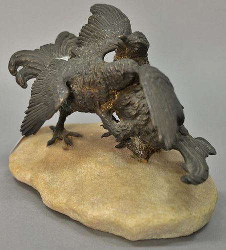 Rudolf Winder (1842) bronze of two fighting birds mounted on stone base, signed on base, ht