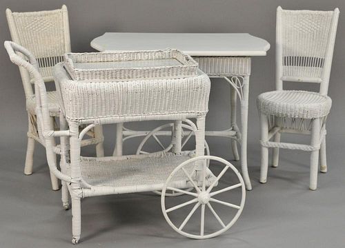 Four piece wicker lot including tea cart, table, and two side chairs