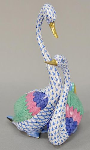Herend Hungary hand painted porcelain double swan, blue fishnet (excellent condition). ht. 7 1/2"