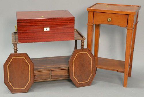 Five piece lot including mahogany natural Sherman humidor, inlaid stand, two arm tables, and one drawer stand, ht