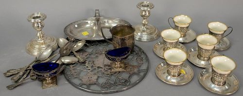 Group of sterling silver to include demitass cups with Lenox liners, candlesticks, misc. items, etc.