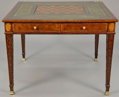 Maitland Smith gaming table with four drawers and leather top with backgammon and chess. ht. 30", top: 40" x 40"