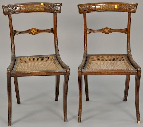 Pair of rosewood brass inlaid side chairs with caned seats (seats as is).