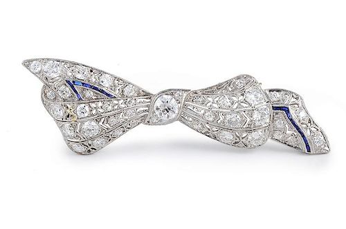 Art Deco Diamond Sapphire Bow Pin