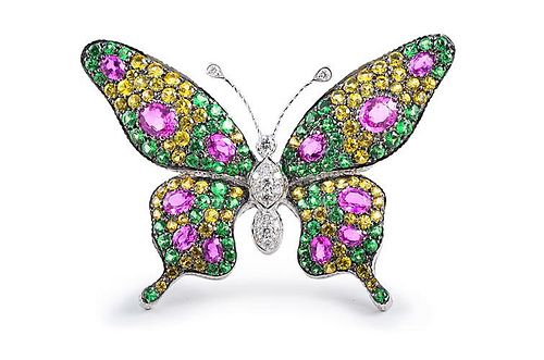 Multi-colored Sapphire Diamond Butterfly Pin