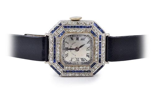 Black Starr & Frost Art Deco Platinum Diamond Sapphire Watch