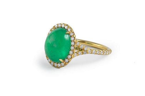 Cabochon Colombian Emerald Diamond Ring