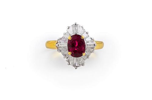 Pigeon Blood Ruby and Diamond Cluster Ring