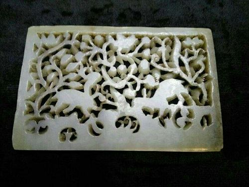 ANTIQUE CHINESE DOUBLE DEER JADE PLAQUE MING DYNASTY