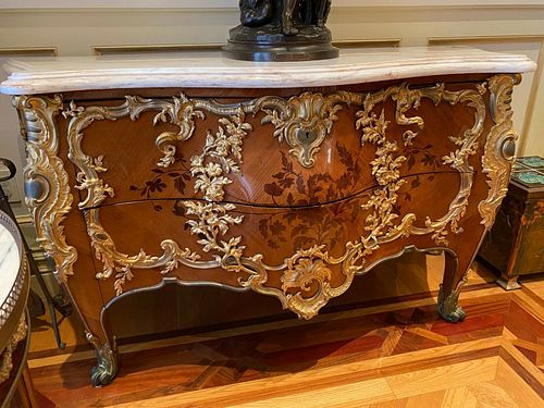 MAGNIFICENT PAIR OF 19C FRENCH MARBLE BRONZE INLAID WOOD COMMODES MUST SE