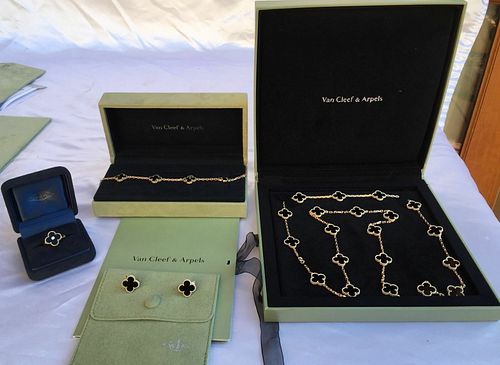 FOUR P VAN CLEEF & ARPELS 18K GOLD NECKLACE BRACELET RING AND EARRING SET  BOXS