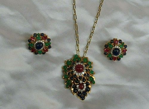MAGNIFICENT FRENCH 18K DIAMOND  RUBY  SAPPHIRE & EMERALD NECKLACE EARRING SET