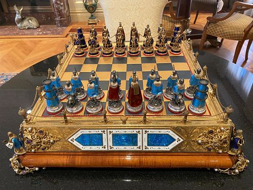 MAGNIFICENT 1900 EUROPEAN GOLD STERLING SILVER ENAMEL AMETHYST PEARL CHESS SET