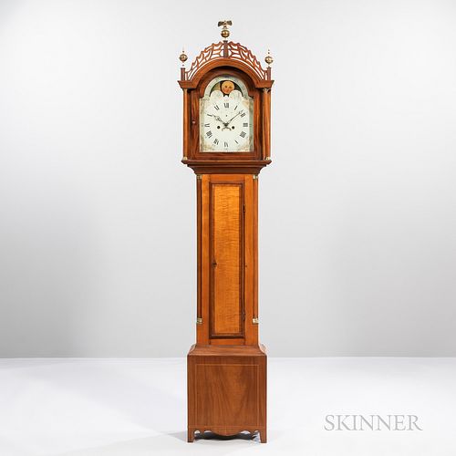 Maple, Tiger Maple, and Mahogany Veneer Tall Case Clock