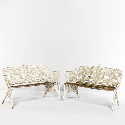 Pair of White-painted Cast Iron Fern-leaf Settees