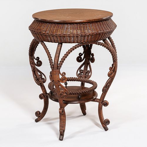 Small Wicker and Oak Occasional Table