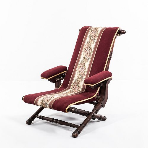 Renaissance Revival Walnut Folding Reclining Upholstered Armchair