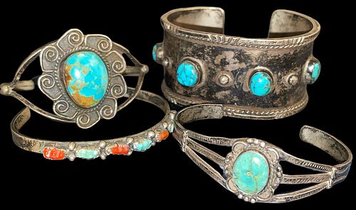 Four Southwestern OLD PAWN Native American Sterling Silver and Turquoise Cuff Bracelets