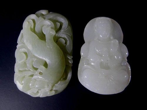 TWO FANTASTIC CHINESE HARDSTONE CARVED PENDANTS