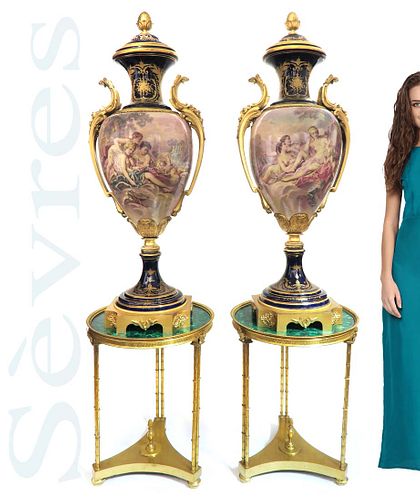 A MONUMENTAL PAIR OF SEVRES COBALT VASES, SIGNED MAXANT